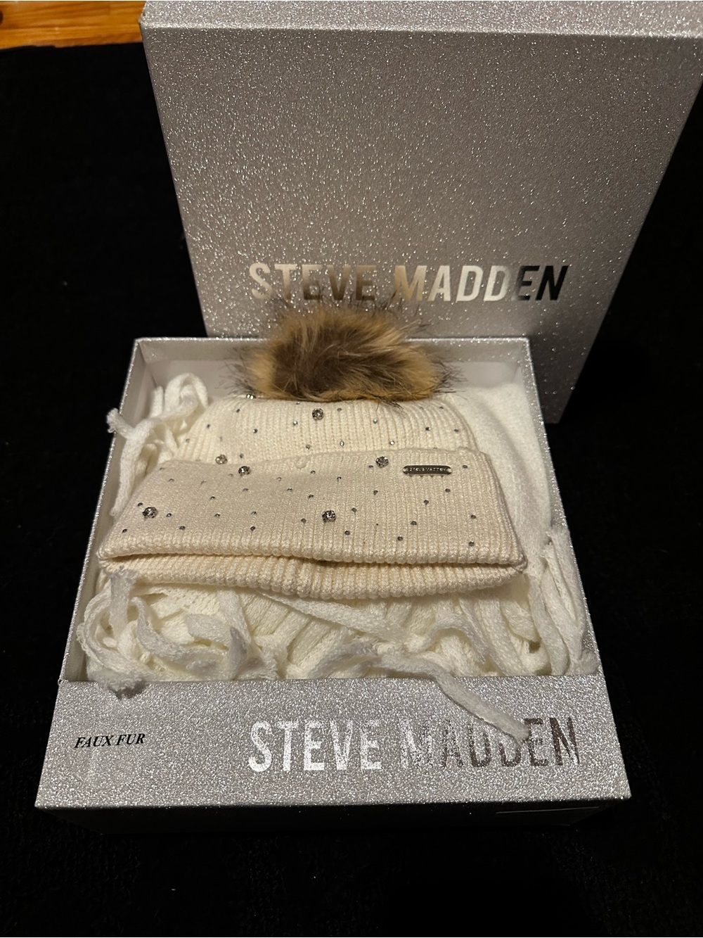 Steve Madden Women's Embellished Beanie and Knit Scarf Holiday Gift Set